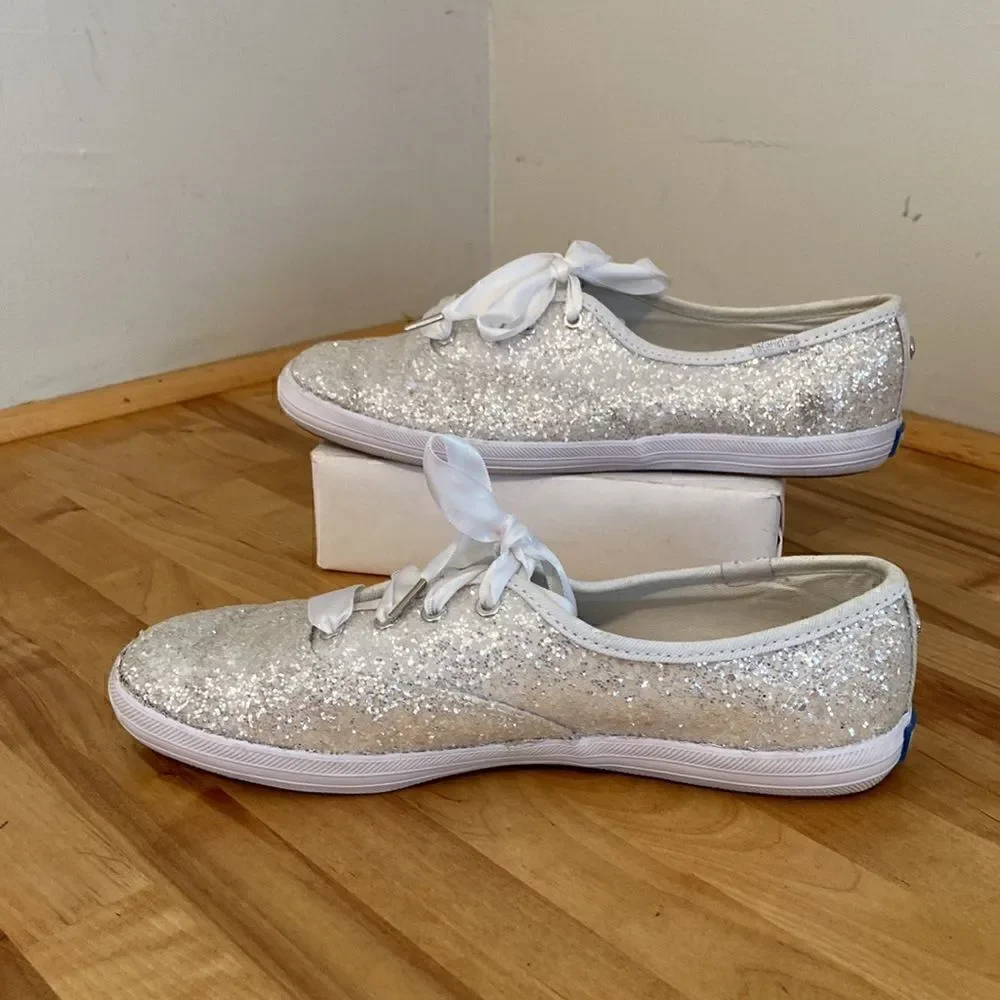 Kate Spade x Keds White Sparkle Glitter Lace Up Bridal Sneakers Size 6